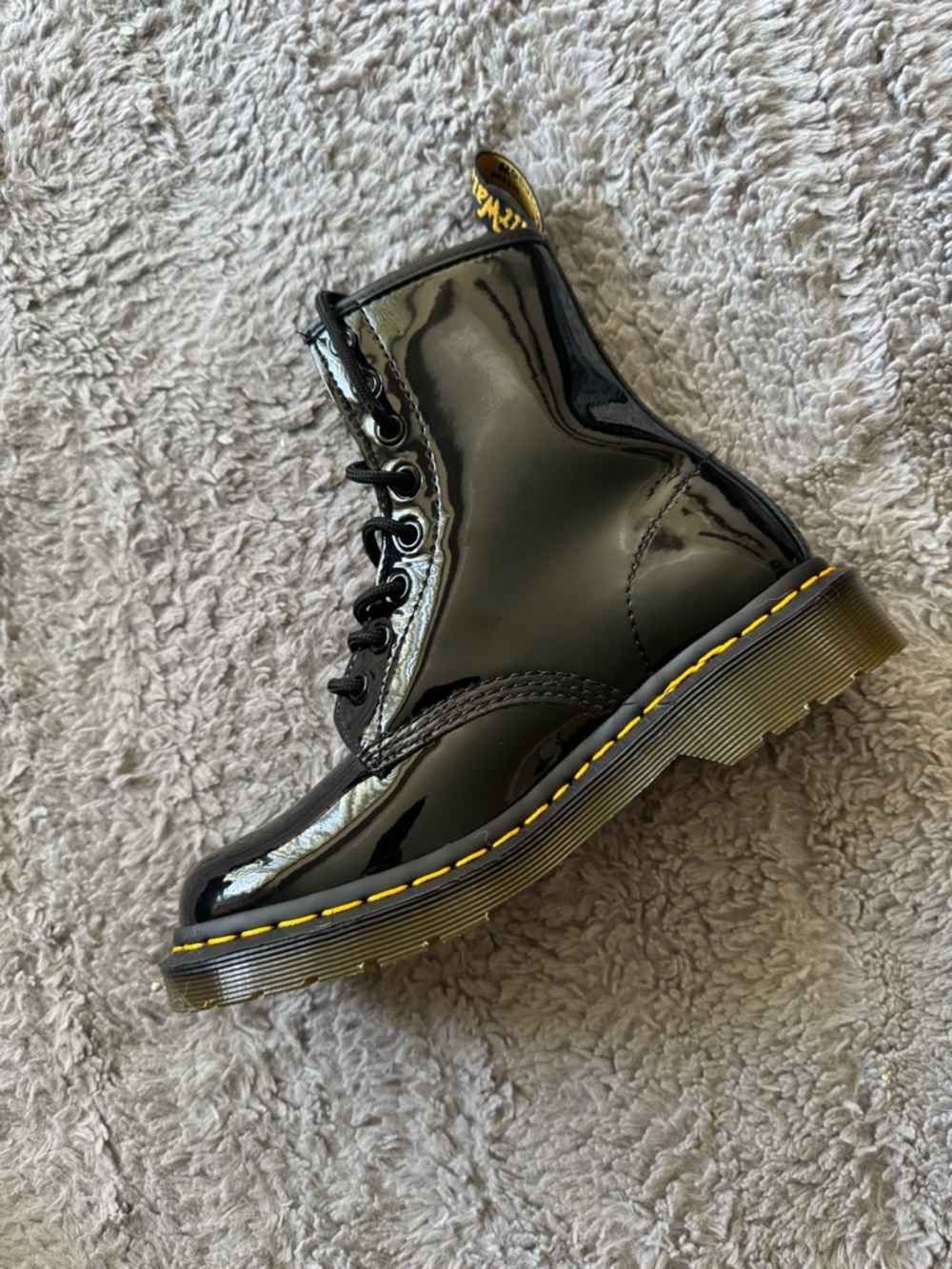 Dr. Martens Black Patent Lace-Up Combat Boots with Yellow Stitching - Picture 6 of 10